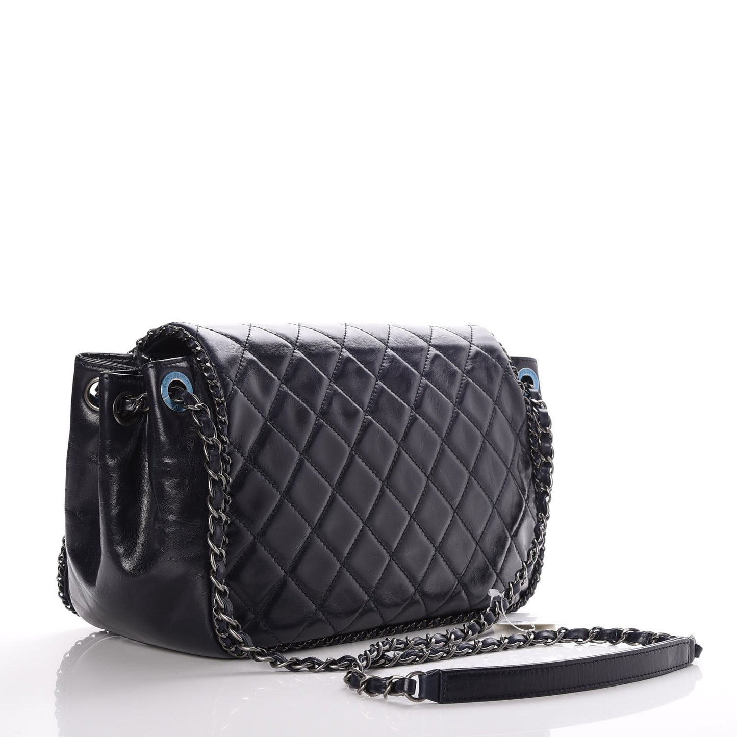 Glazed Calfskin Quilted Large CC Enchained Accordion Flap Dark Navy Blue
