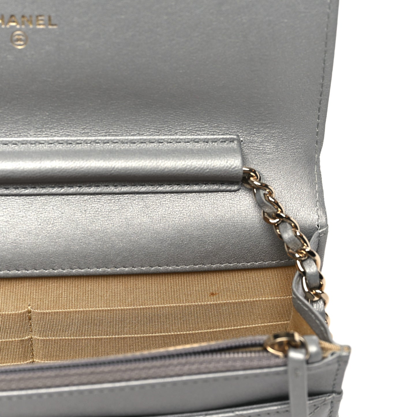 Metallic Goatskin Quilted Timeless CC Wallet On Chain WOC Silver