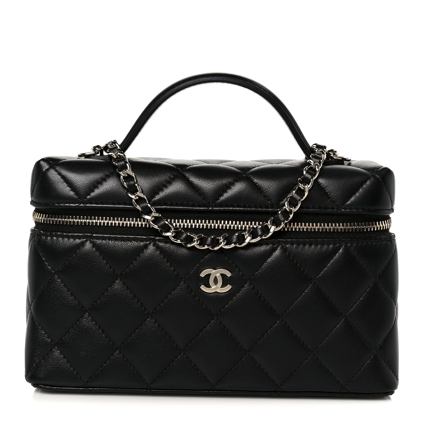 Lambskin Quilted Top Handle Slim Vanity With Chain Black