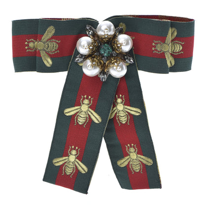 Gucci Ribbon Web Bow Bee Pearl Brooch Red Green 1 of 4
