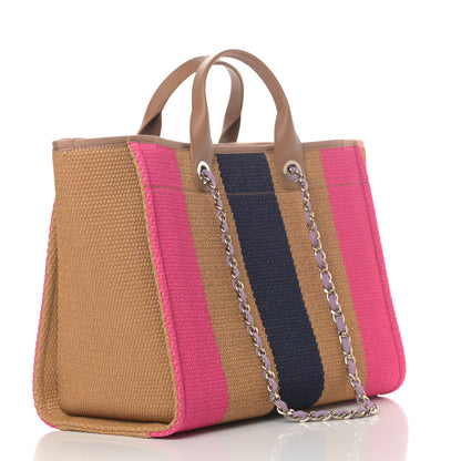 Chanel Straw Raffia Calfskin Striped Medium Deauville Tote Dark Beige Fuchsia Navy Blue 3 of 12