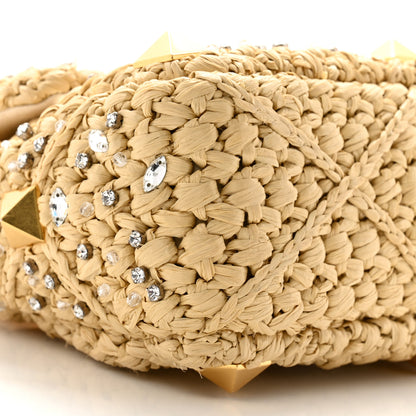 Valentino Garavani Raffia Crystal Medium Roman Stud Shoulder Bag Naturale Crystal 8 of 11