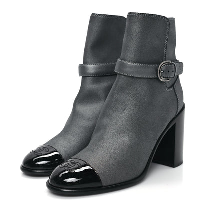 Chanel Suede Kidskin Patent Cap Toe Interlocking CC Ankle Boots 39 Dark Silver Black 3 of 9