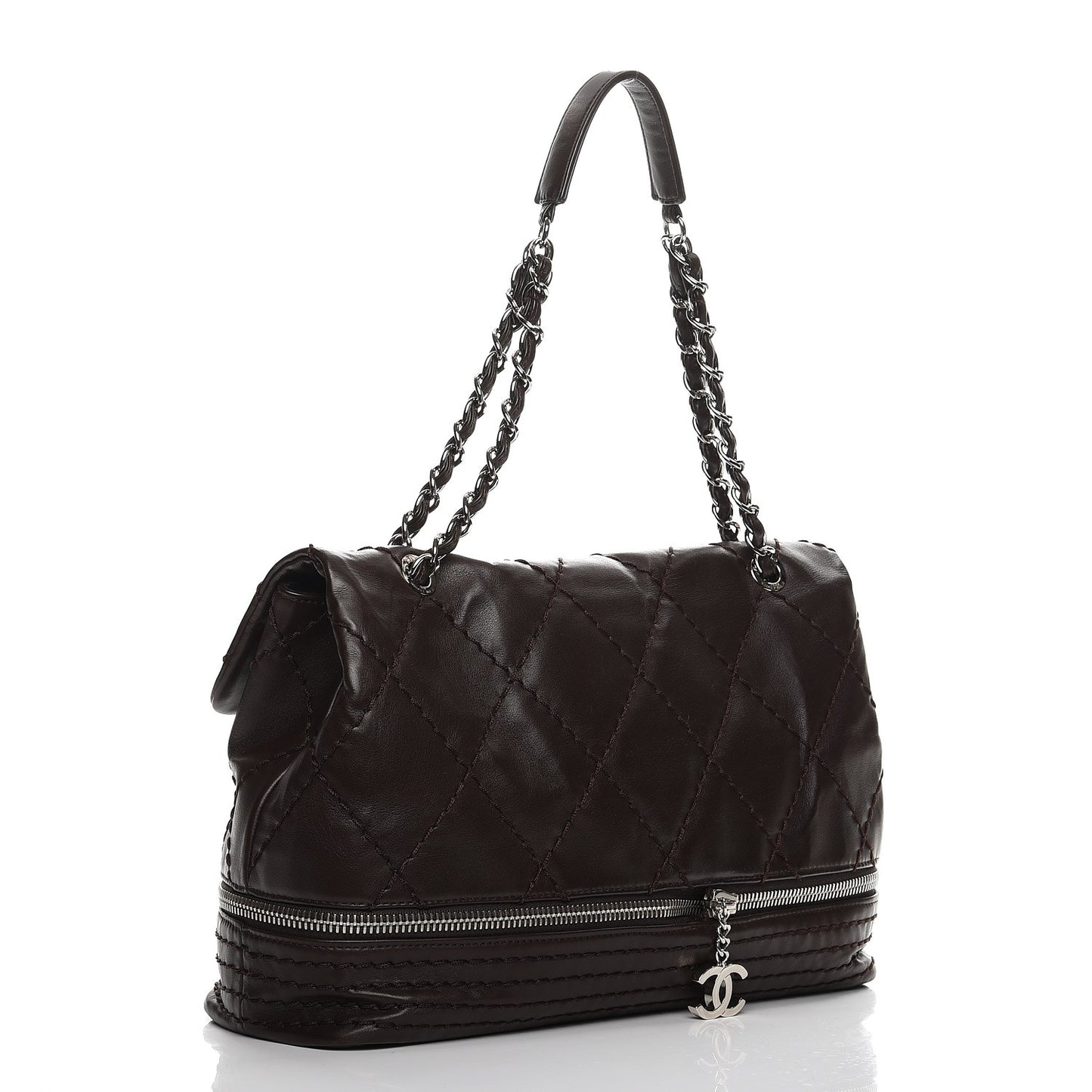 Calfskin Large Expandable Flap Bag Brown