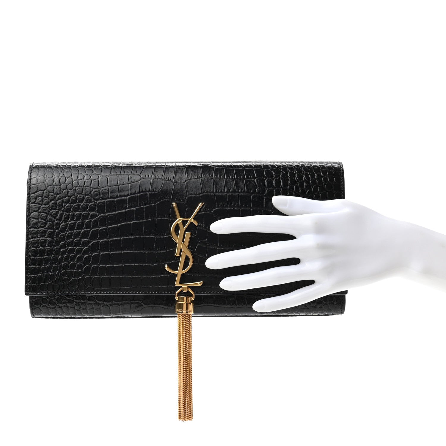 Saint Laurent Calfskin Crocodile Embossed Classic Monogram Tassel Clutch Black 2 of 8