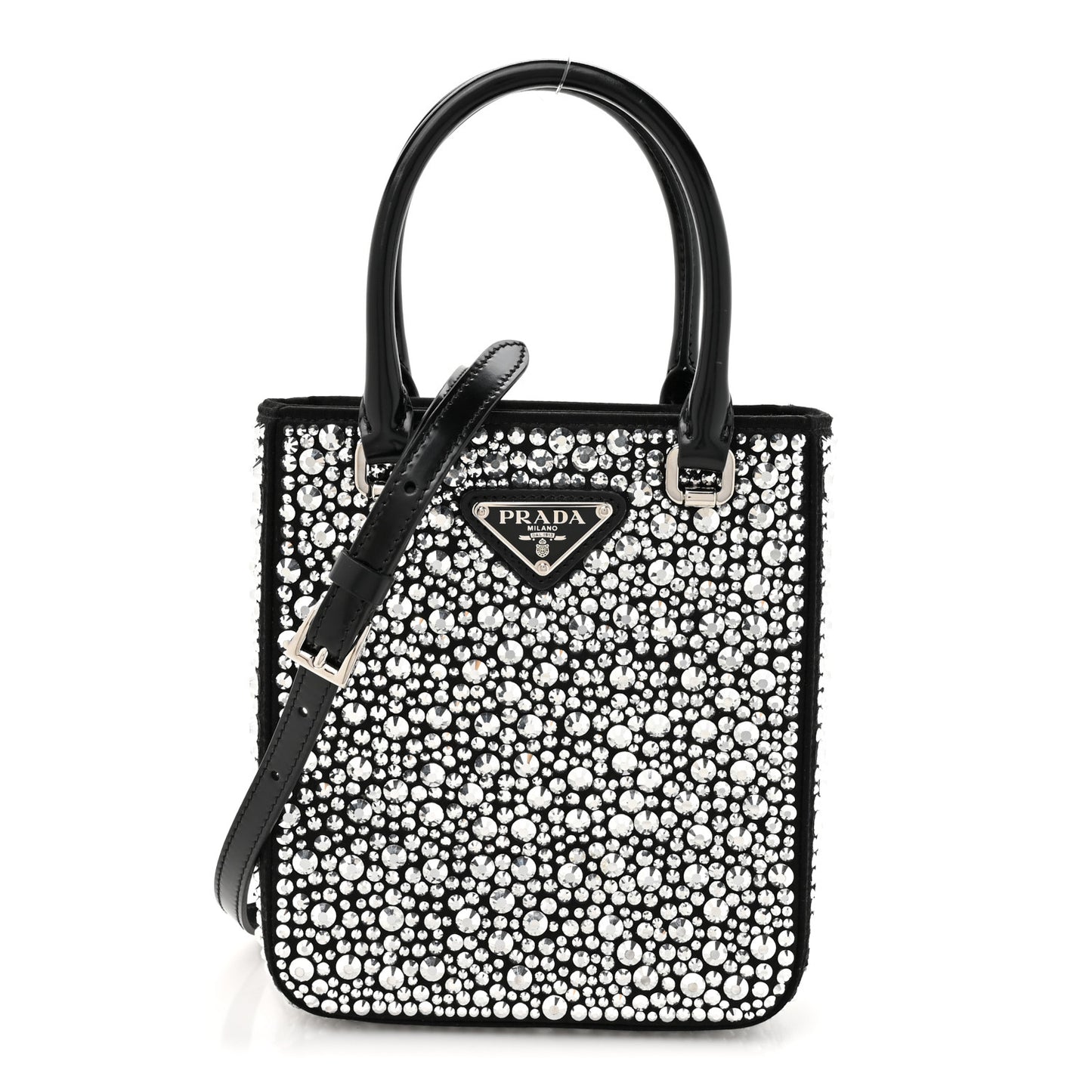 Satin Crystal Metal Triangle Logo Small Double Handle Crossbody Tote Metal