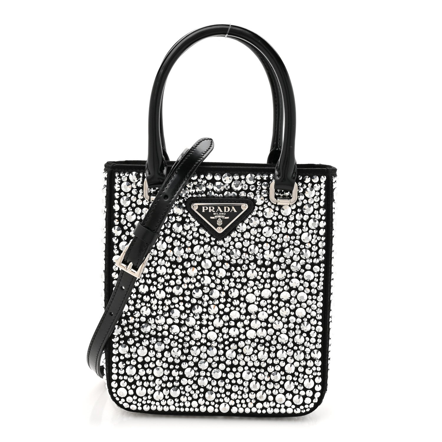 Prada Satin Crystal Metal Triangle Logo Small Double Handle Crossbody Tote Metal 1 of 9