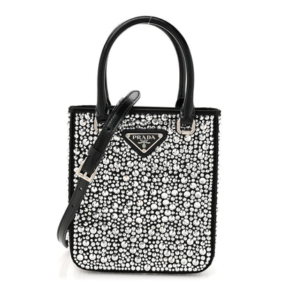 Prada Satin Crystal Metal Triangle Logo Small Double Handle Crossbody Tote Metal 1 of 9