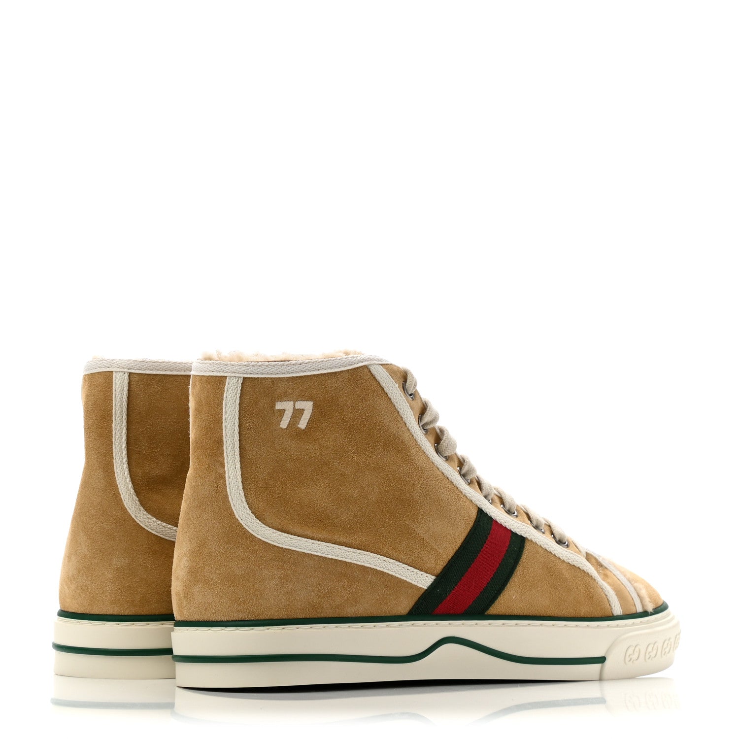 Gucci Suede Shearling Web Mens 1977 Tennis High Top Sneakers 7 Butterscotch Mystic White 4 of 10