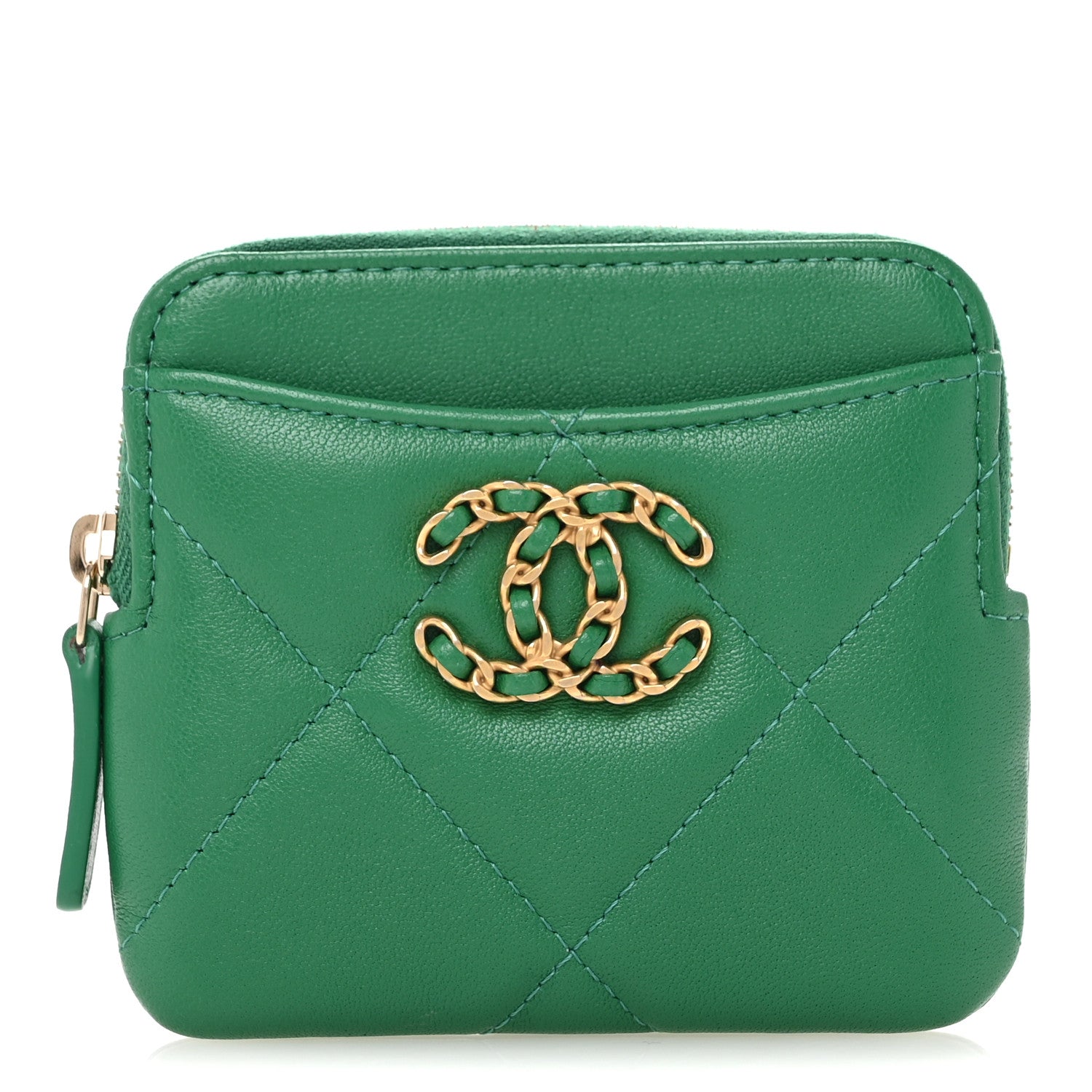 Chanel Lambskin Quilted Chanel 19 Zip Card Holder Wallet Green 1 of 10