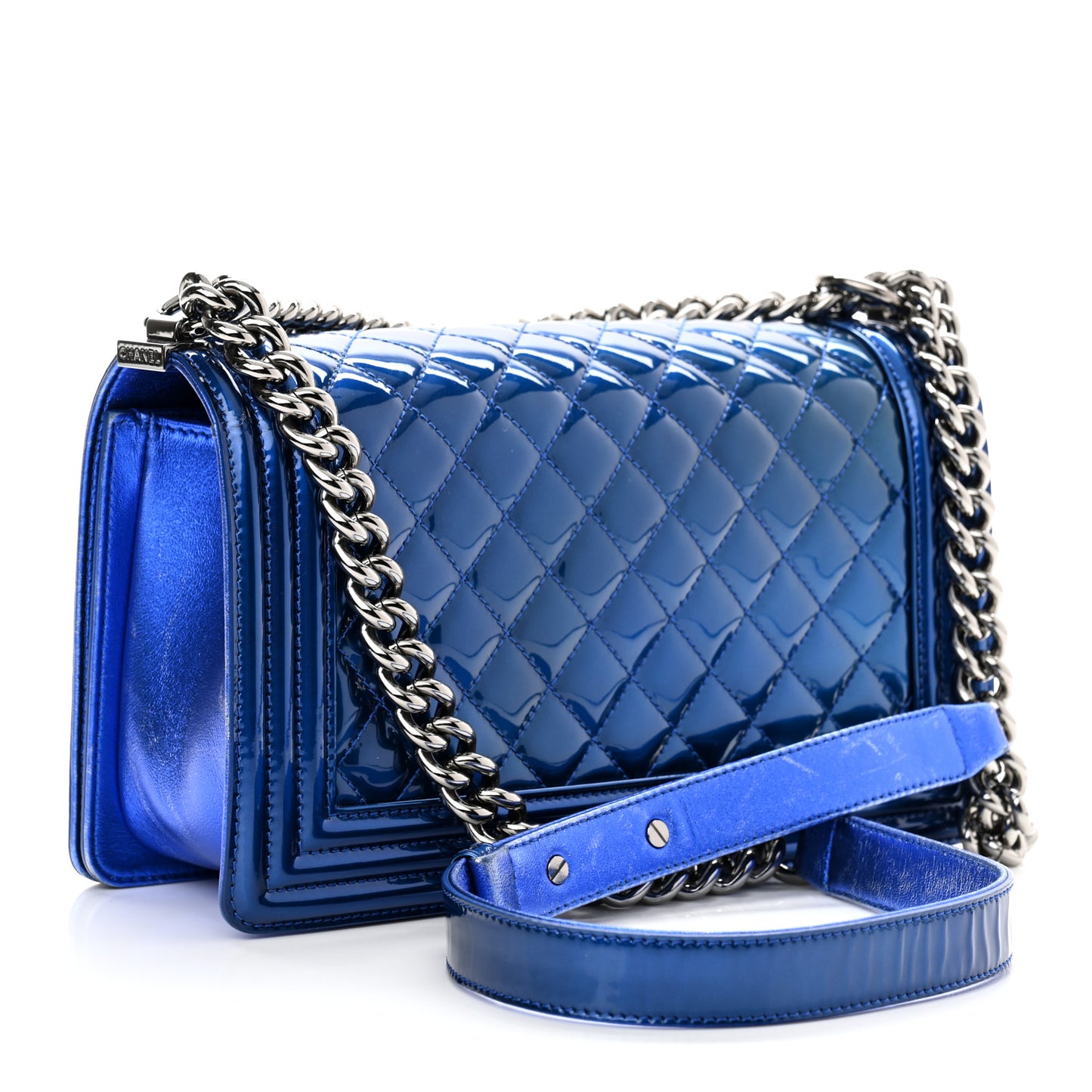 Metallic Patent Quilted Medium Boy Flap Blue