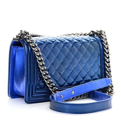 Chanel Metallic Patent Quilted Medium Boy Flap Blue 3 of 14