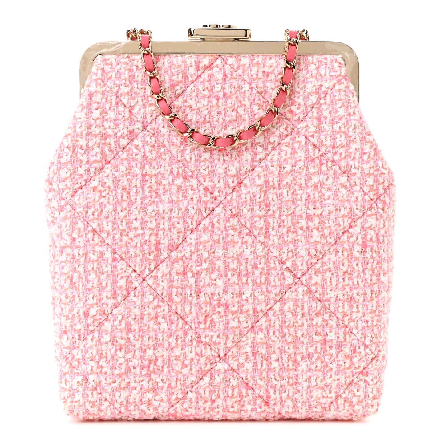 Tweed Kiss Lock Phone Holder With Chain Pale Pink Ecru