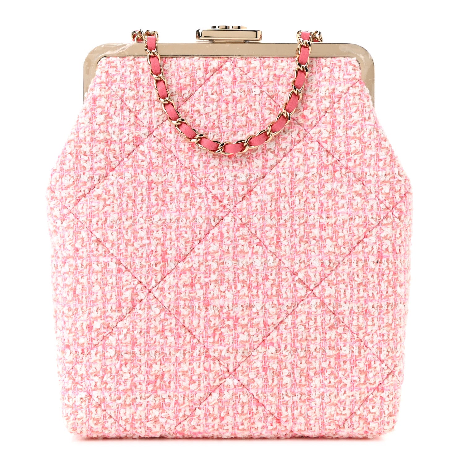 Chanel Tweed Kiss Lock Phone Holder With Chain Pale Pink Ecru 1 of 10