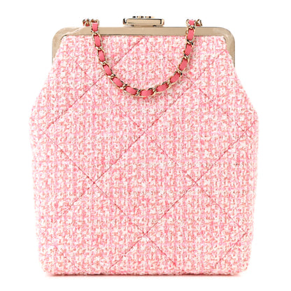 Chanel Tweed Kiss Lock Phone Holder With Chain Pale Pink Ecru 1 of 10