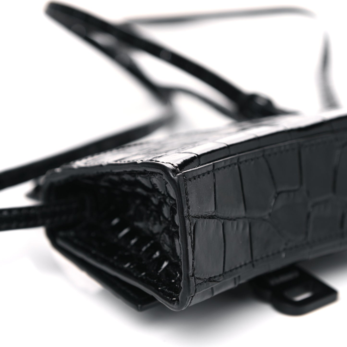 Shiny Calfskin Monochrome Crocodile Embossed Hourglass Top Handle Bag Mini Black