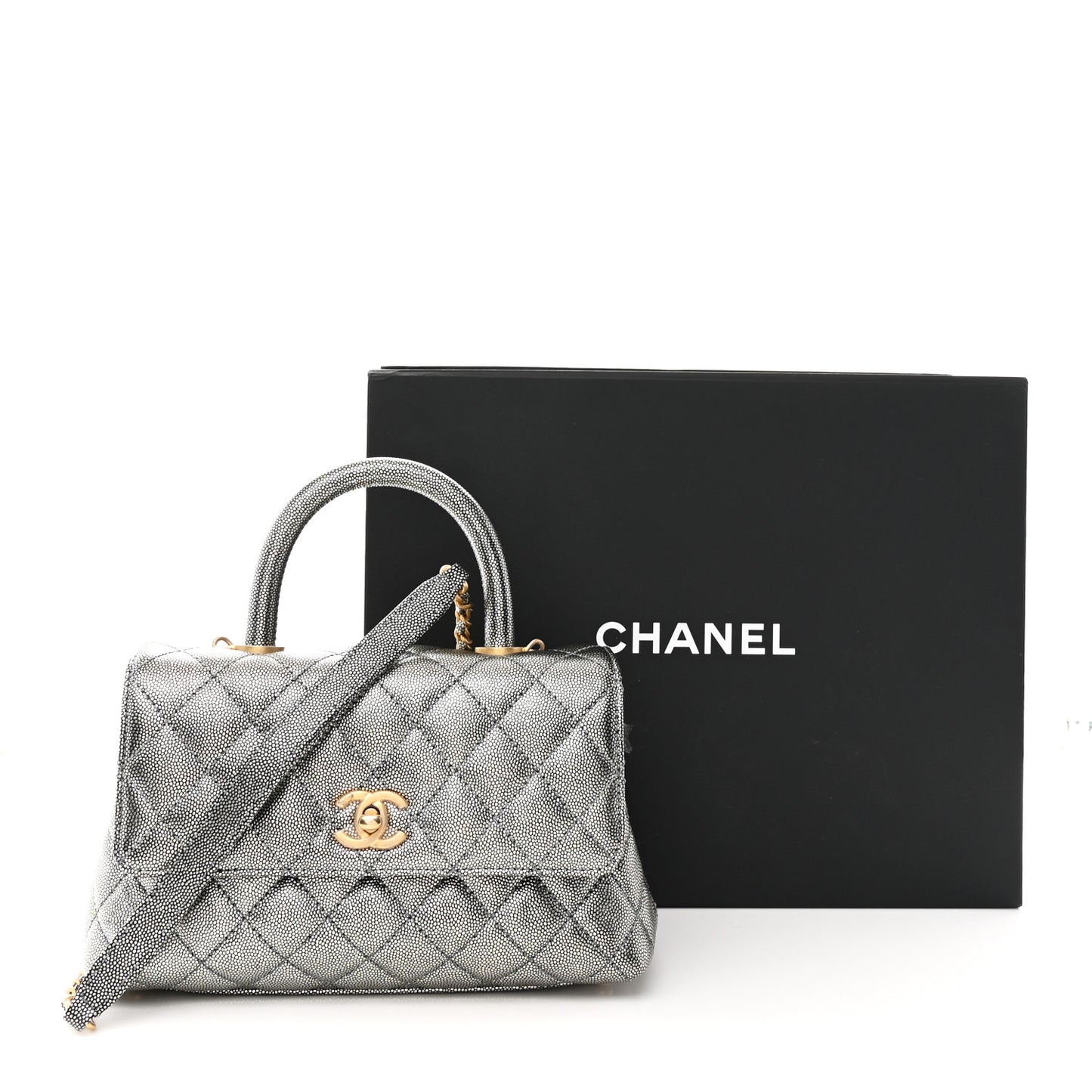 Metallic Caviar Quilted Mini Coco Handle Flap Silver