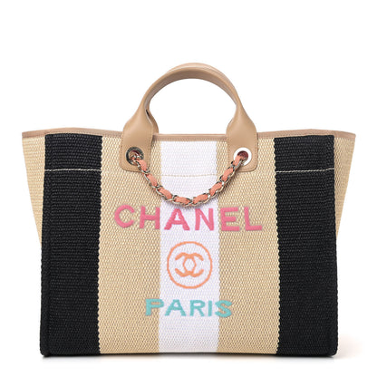 Chanel Straw Raffia Calfskin Striped Medium Deauville Tote Black Beige Ivory 1 of 5