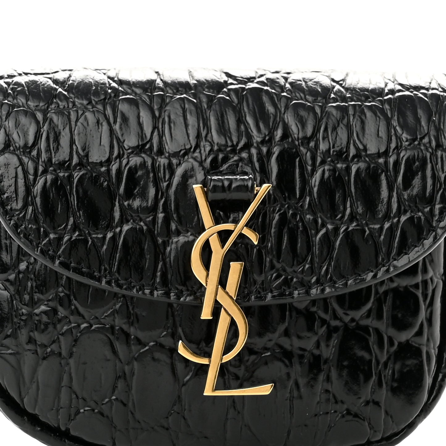 Shiny Calfskin Crocodile Embossed Monogram Kaia Belt Bag Black