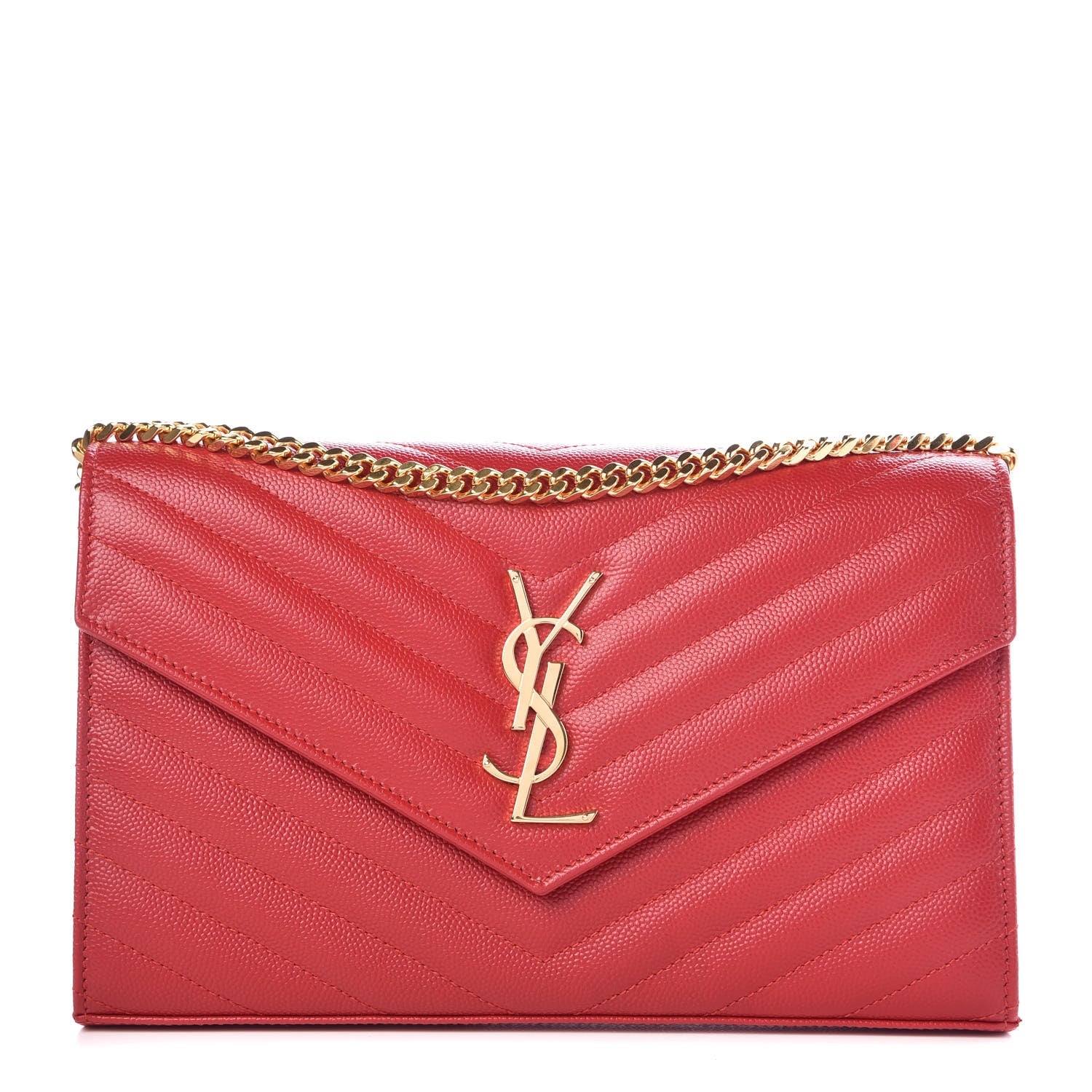 Saint Laurent Grain De Poudre Matelasse Chevron Monogram Chain Wallet New Red 1 of 7