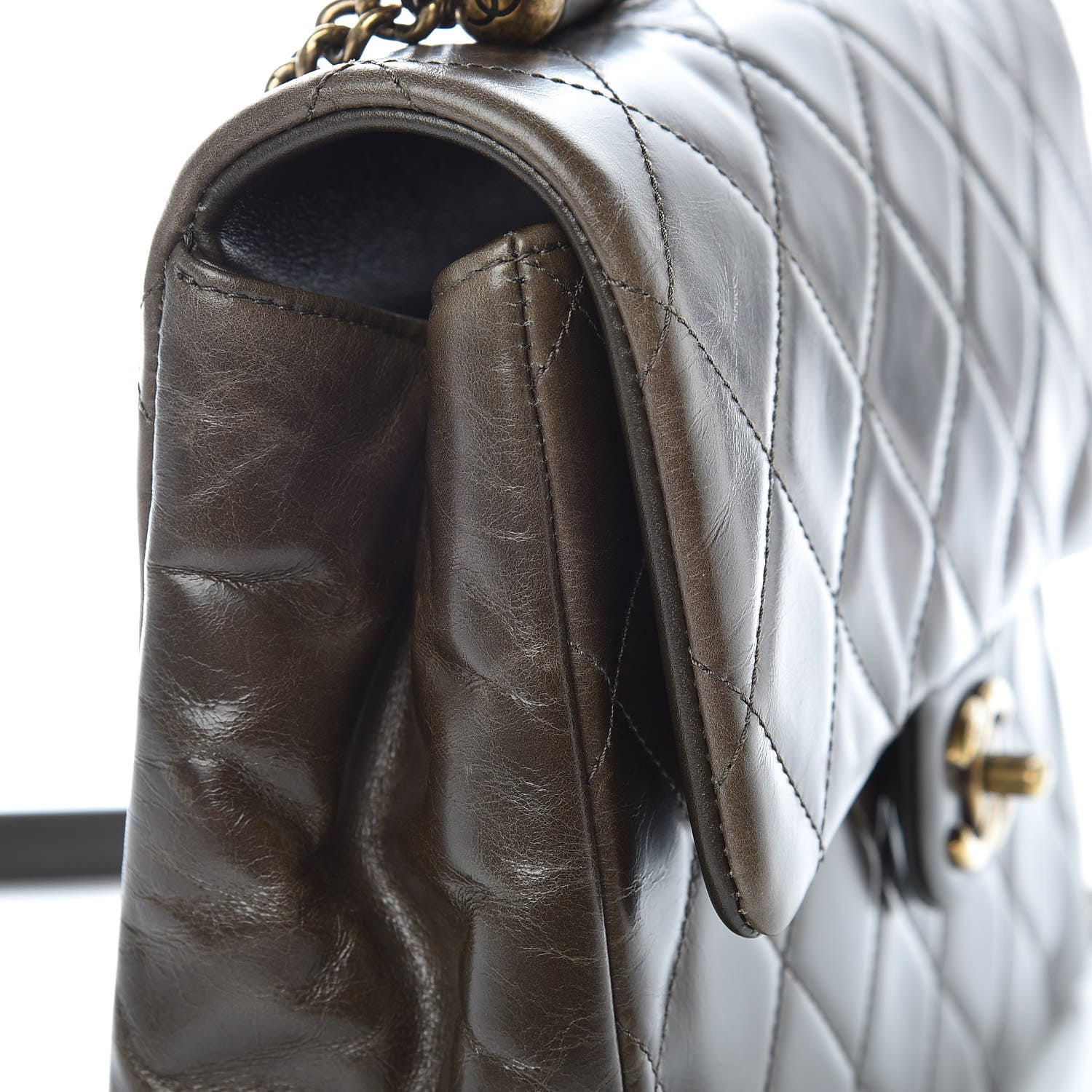 Chanel Calfskin Quilted Medium Gold Bar Top Handle Flap Dark Khaki 14 of 22