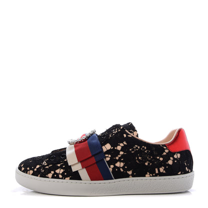 Gucci Lace Crystal Sylvie Web Flower Leaf Womens Ace Sneakers 39 Black Tan Beige 1 of 10