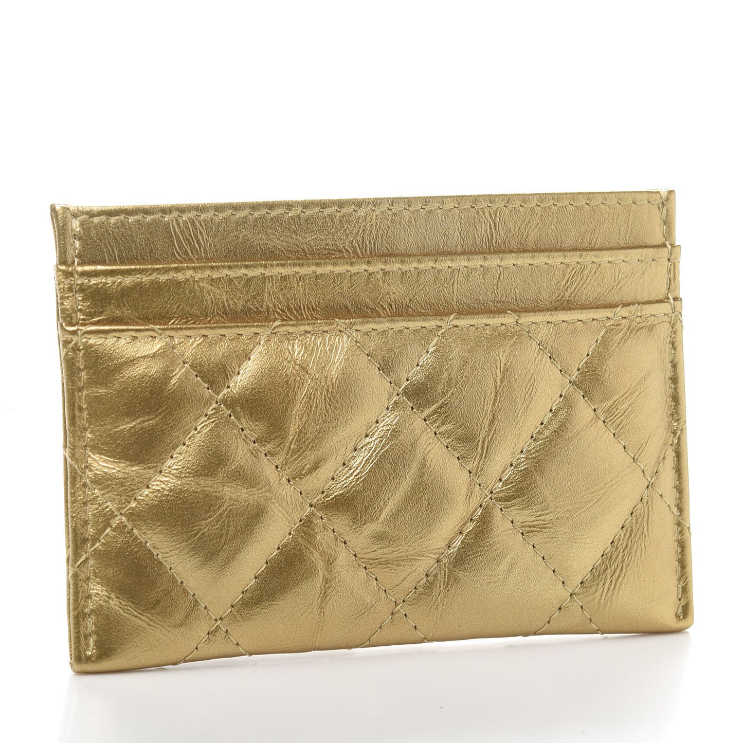 Metallic Distressed Calfskin Quilted CC Card Holder Gold