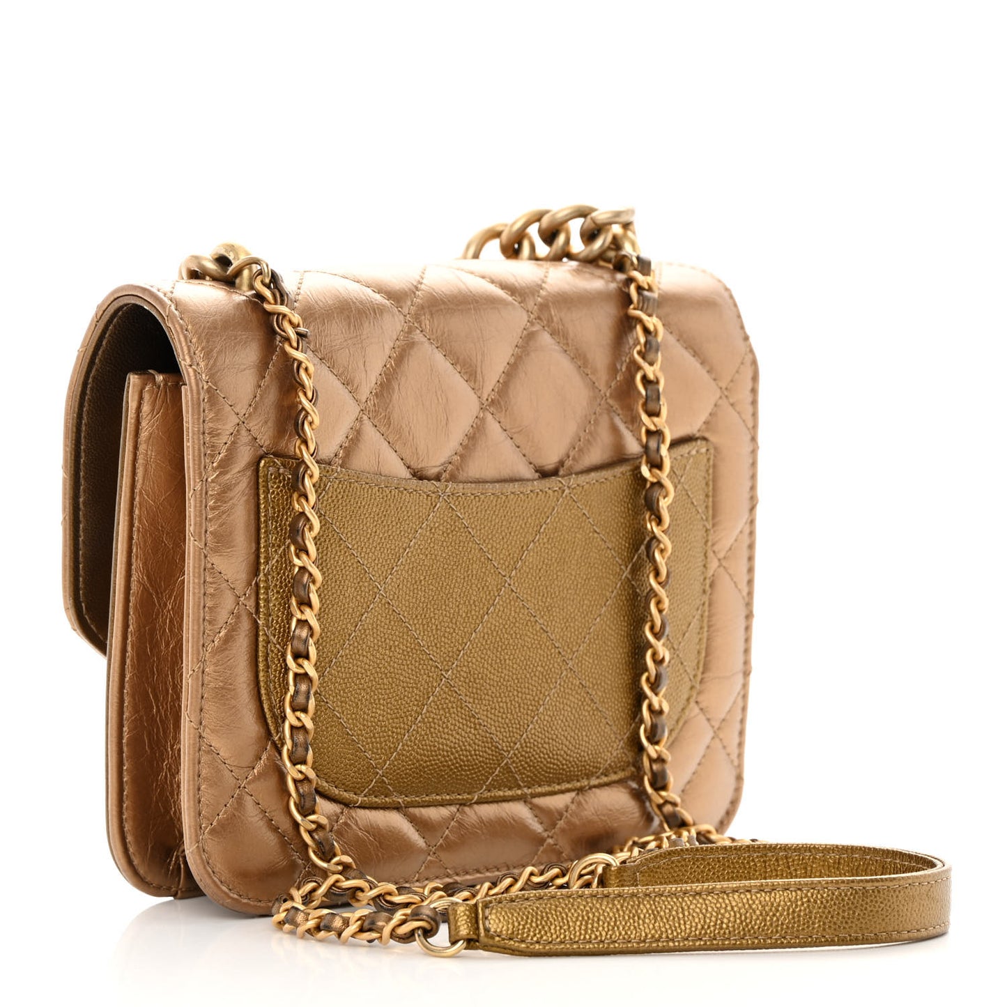 Metallic Calfskin Caviar Quilted Mini Chain Handle Flap Gold