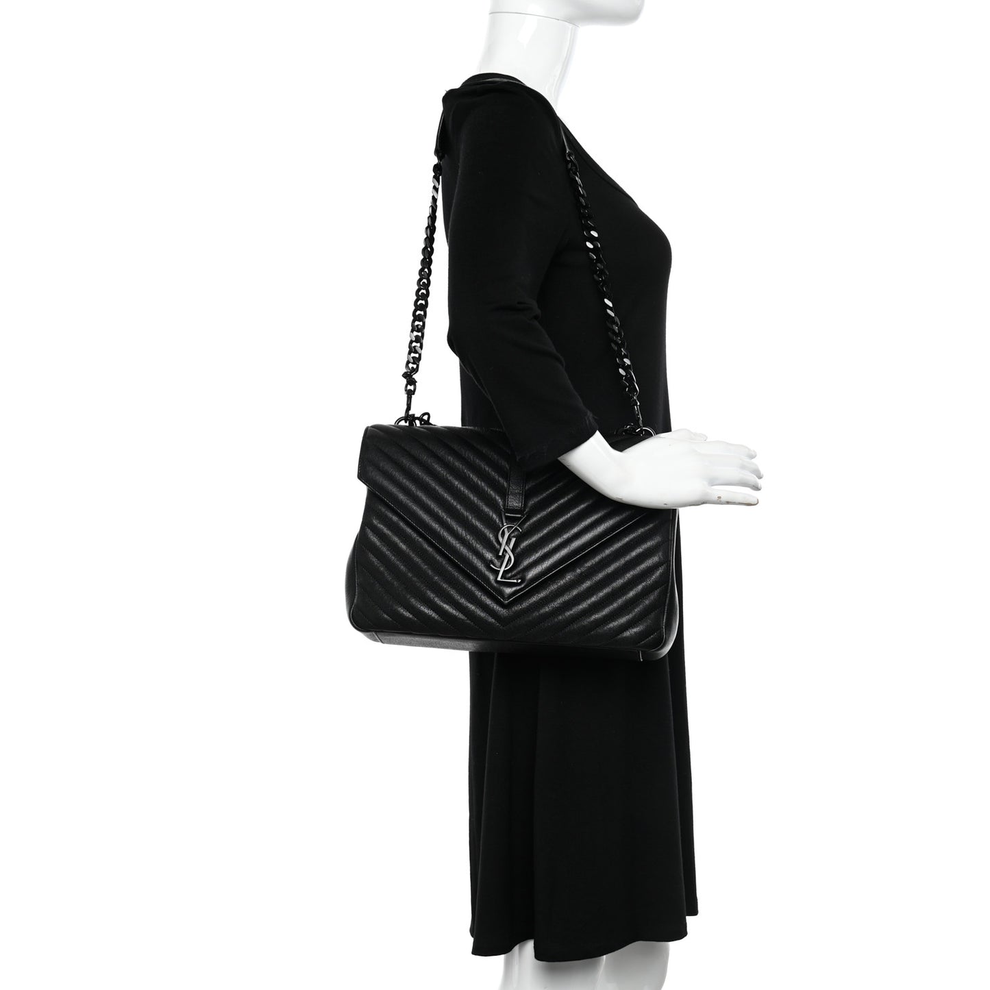 Sheepskin Matelasse Chevron Monogram Monochrome Large College Satchel Black