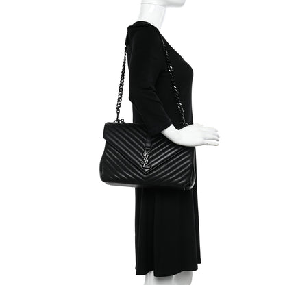 Saint Laurent Sheepskin Matelasse Chevron Monogram Monochrome Large College Satchel Black 2 of 10