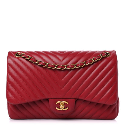 Chanel Lambskin Chevron Quilted Jumbo Double Flap Dark Red 1 of 19