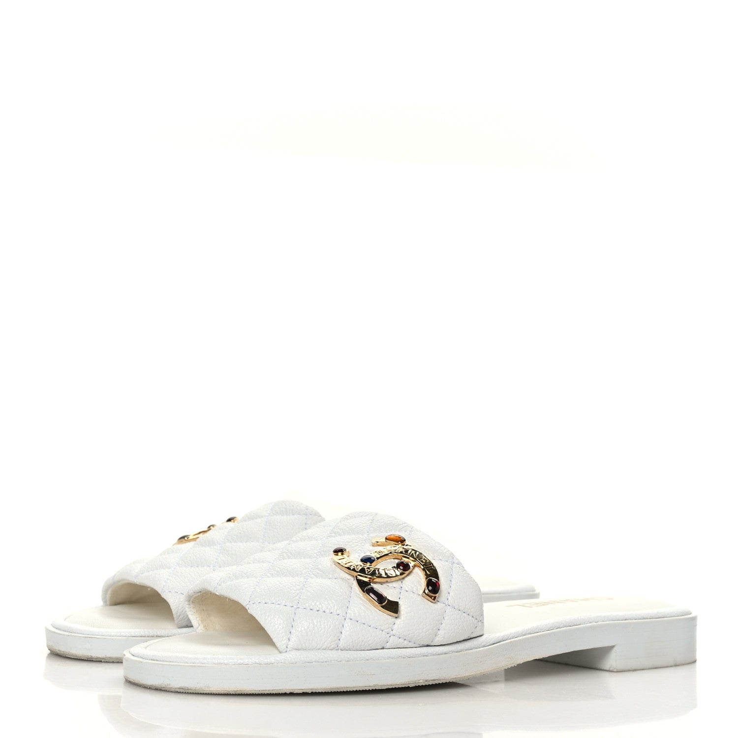Chanel Shiny Goatskin Quilted CC Mules Sandals 37.5 White 3 of 8