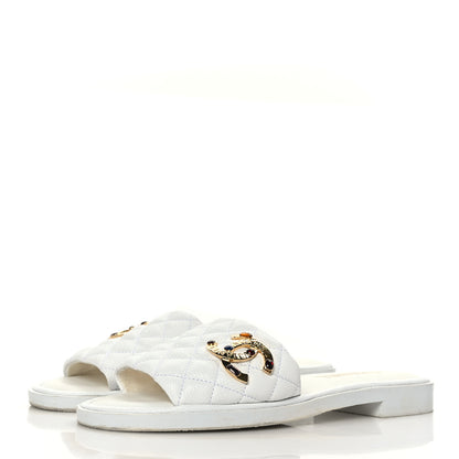 Chanel Shiny Goatskin Quilted CC Mules Sandals 37.5 White 3 of 8