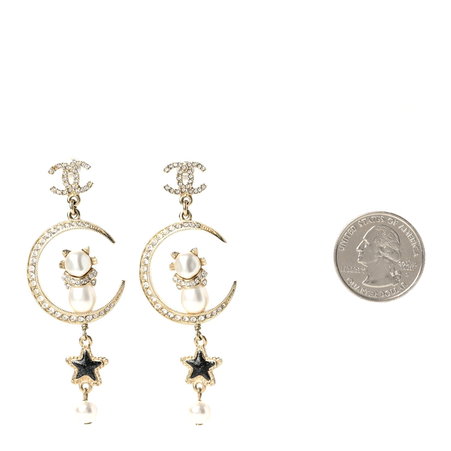 Chanel Metal Glass Crystal CC Cat Moon Earrings Gold 2 of 6