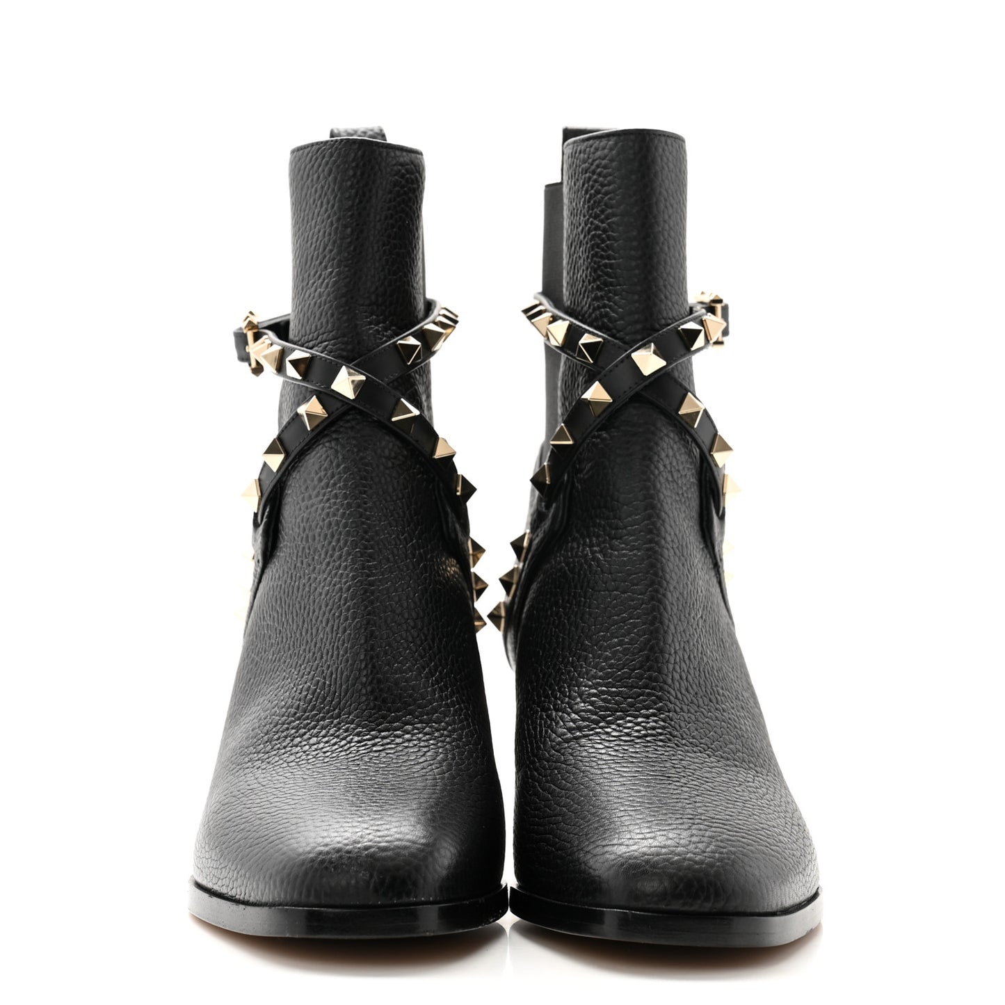 Pebbled Calfskin Rockstud Double Buckle 70mm Block Heel Ankle Boots 38.5 Black