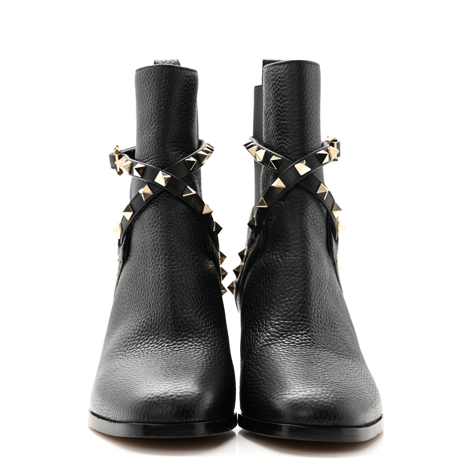 Valentino Garavani Pebbled Calfskin Rockstud Double Buckle 70mm Block Heel Ankle Boots 38.5 Black 2 of 9
