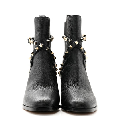 Valentino Garavani Pebbled Calfskin Rockstud Double Buckle 70mm Block Heel Ankle Boots 38.5 Black 2 of 9