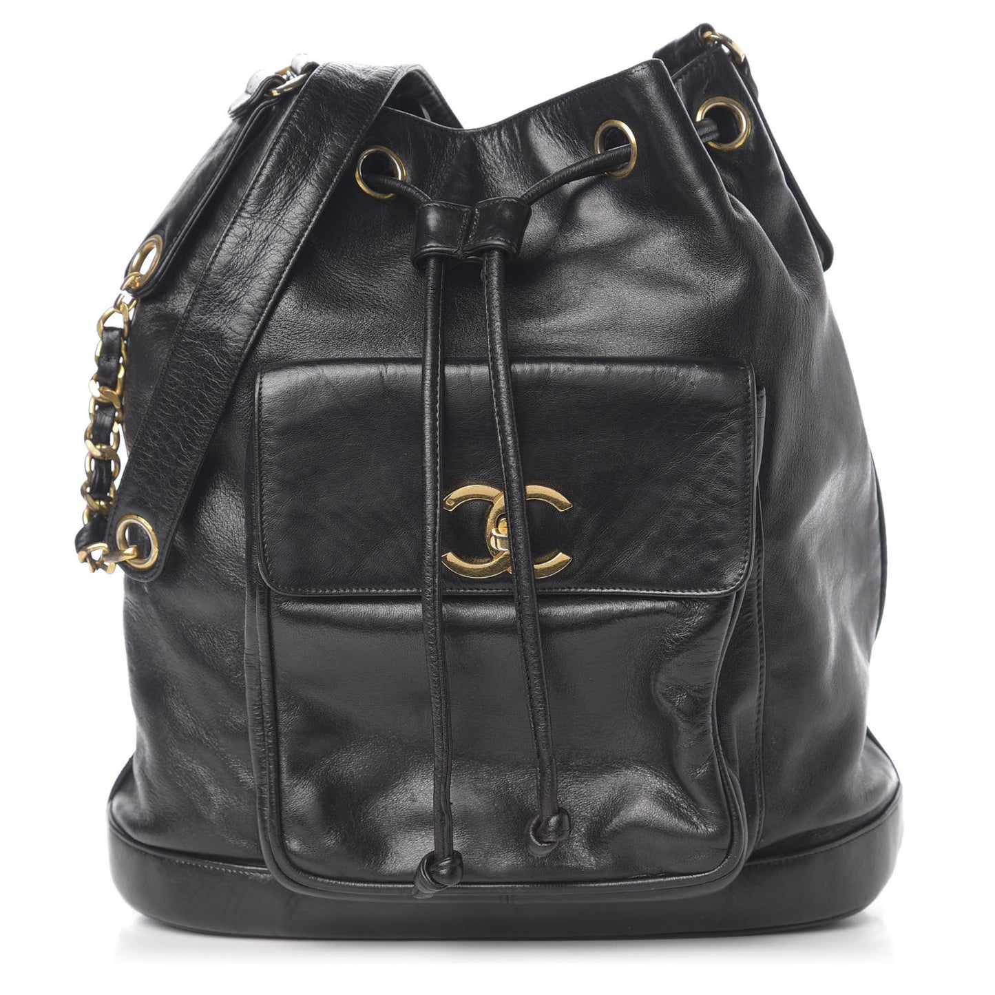 Lambskin CC Drawstring Shoulder Bag Black