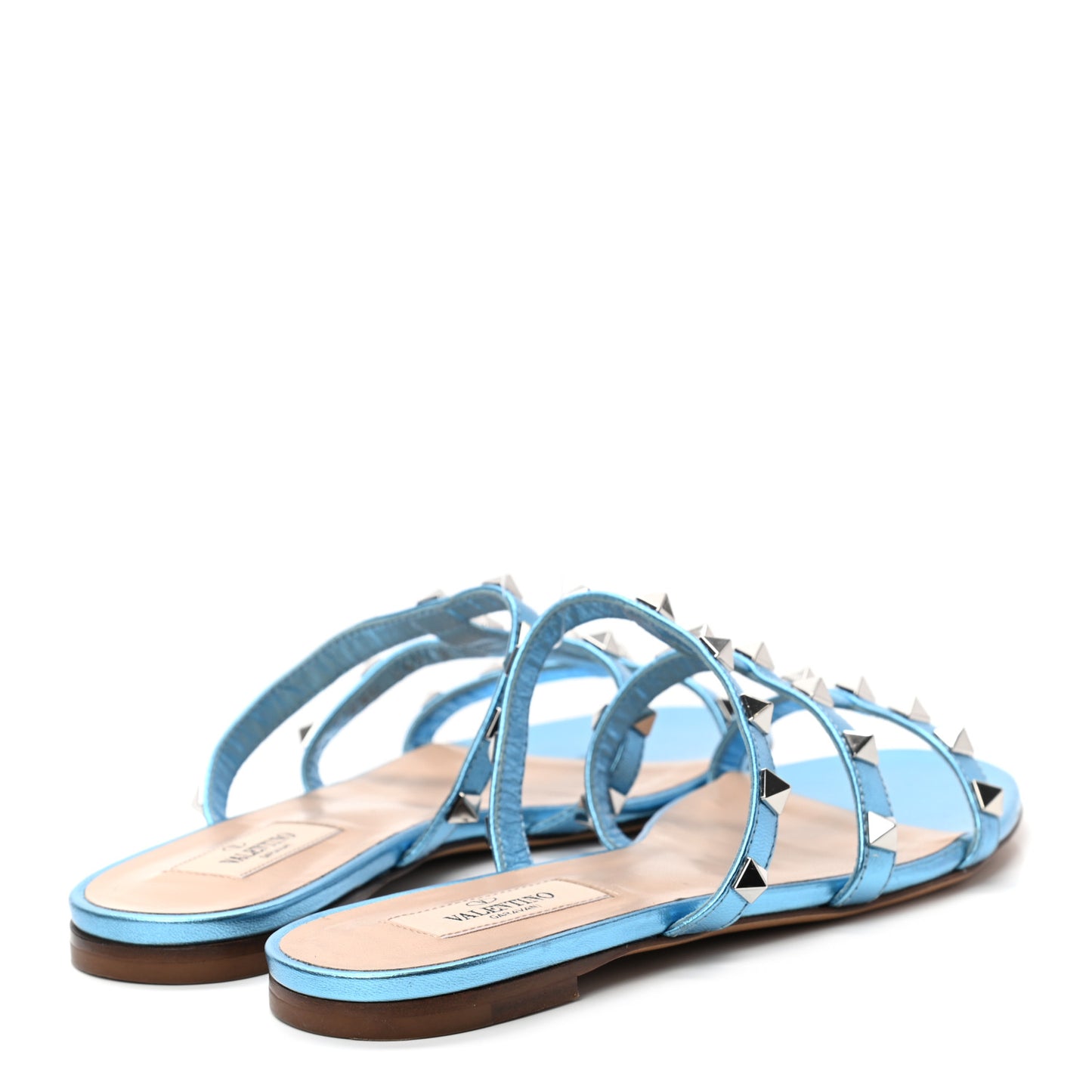 Metallic Calfskin Rockstud Caged Flat Slide Sandals 36 Cerulean