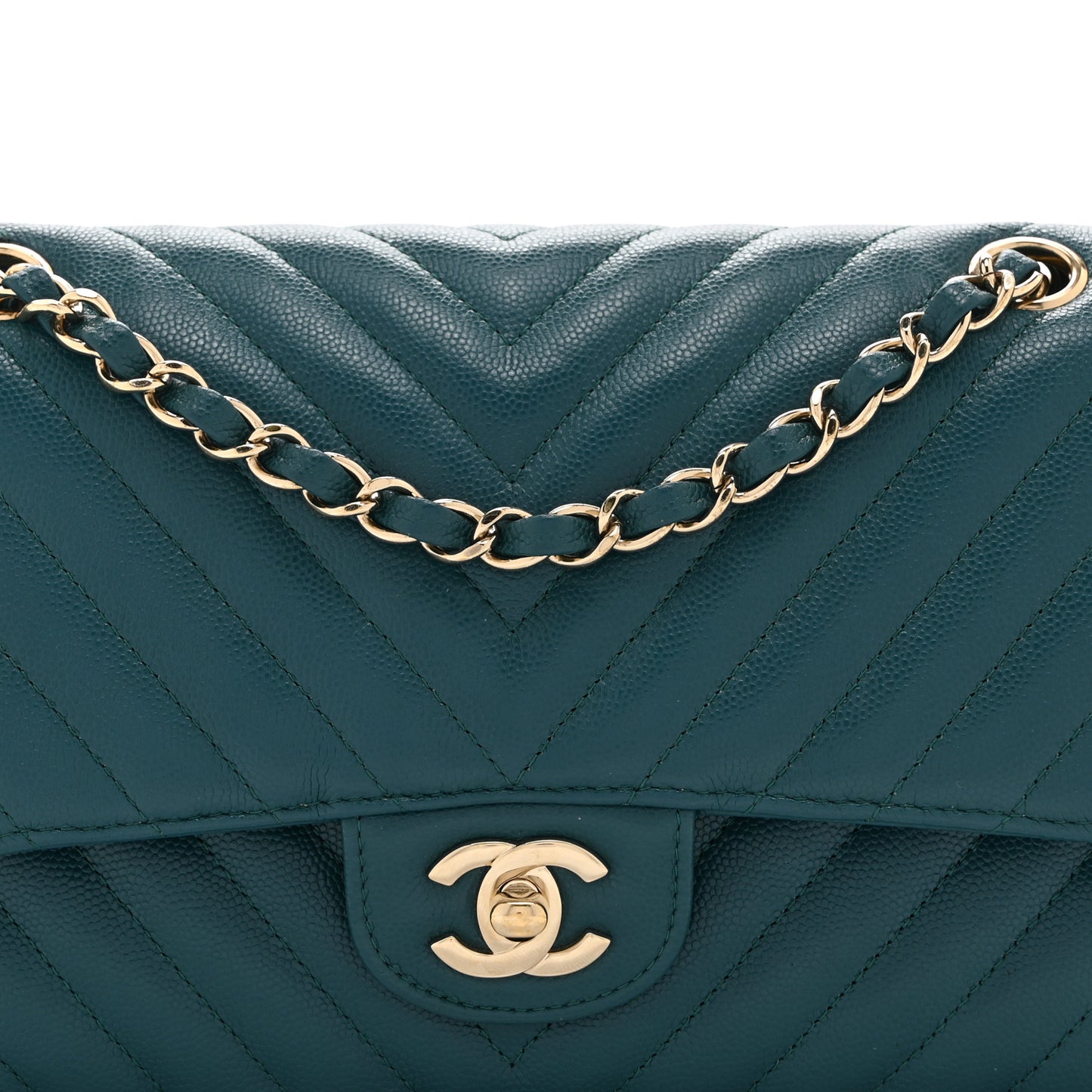 Caviar Chevron Quilted Medium Double Flap  Green