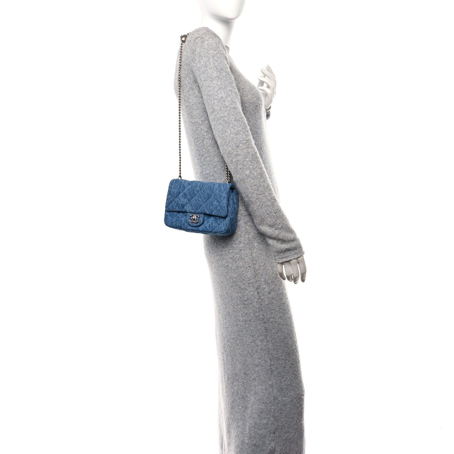 Denim Quilted Camellia Sweetheart Mini Flap Blue