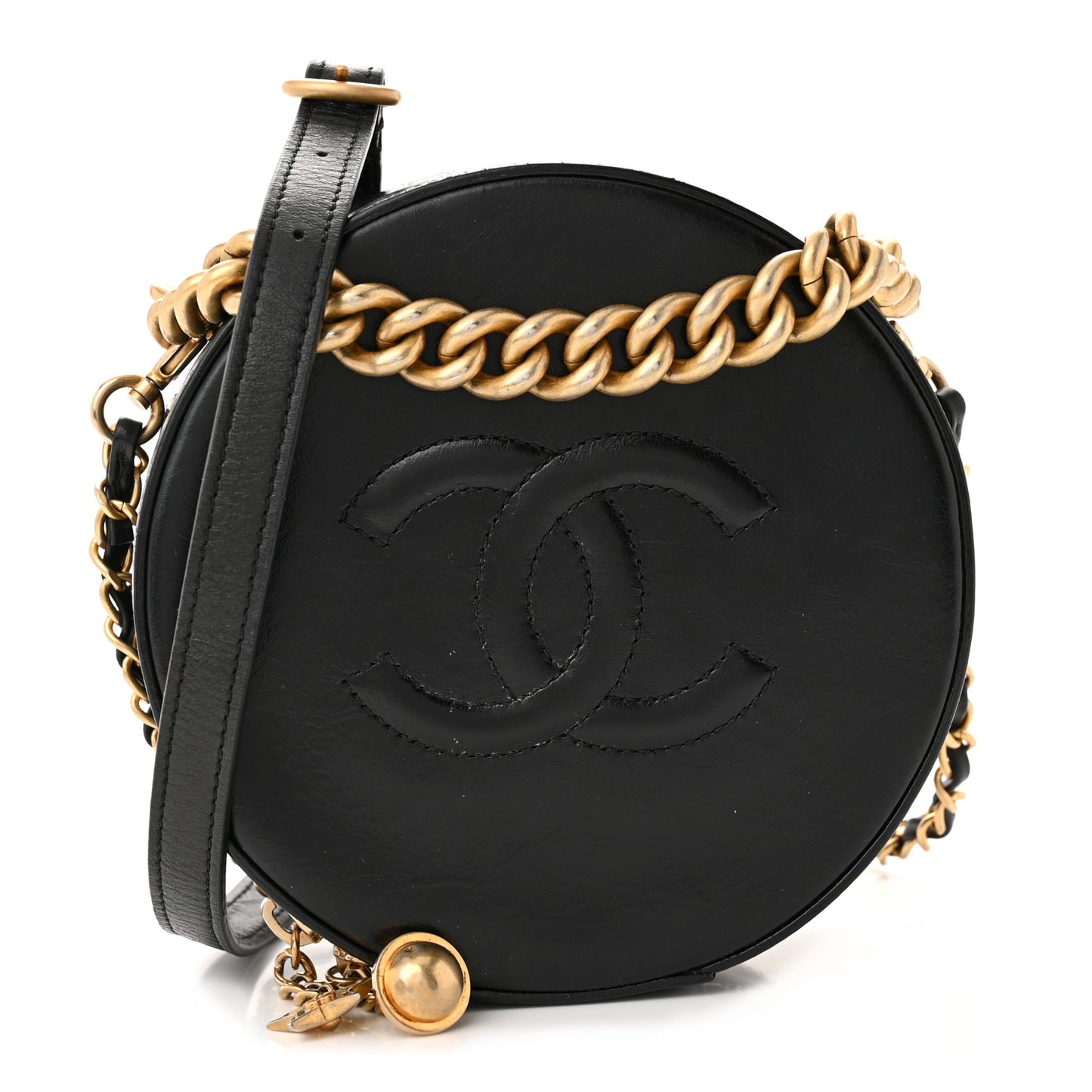Glazed Calfskin Round As Earth Evening Bag Black