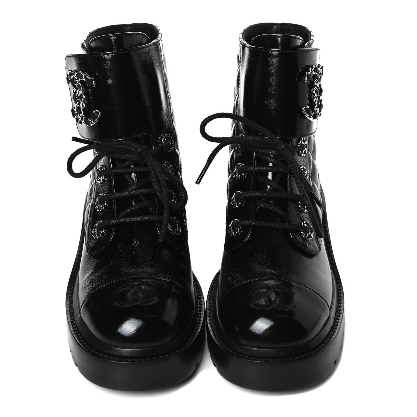 Shiny Calfskin Quilted Lace Up Combat Boots 35.5 Black