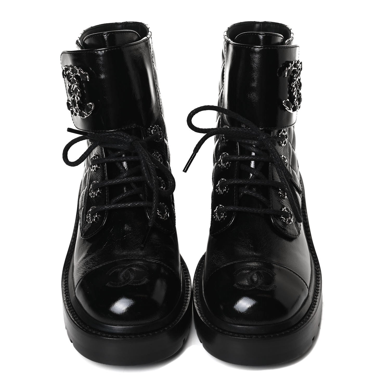 Chanel Shiny Calfskin Quilted Lace Up Combat Boots 35.5 Black 9 of 13