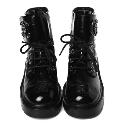 Chanel Shiny Calfskin Quilted Lace Up Combat Boots 35.5 Black 9 of 13
