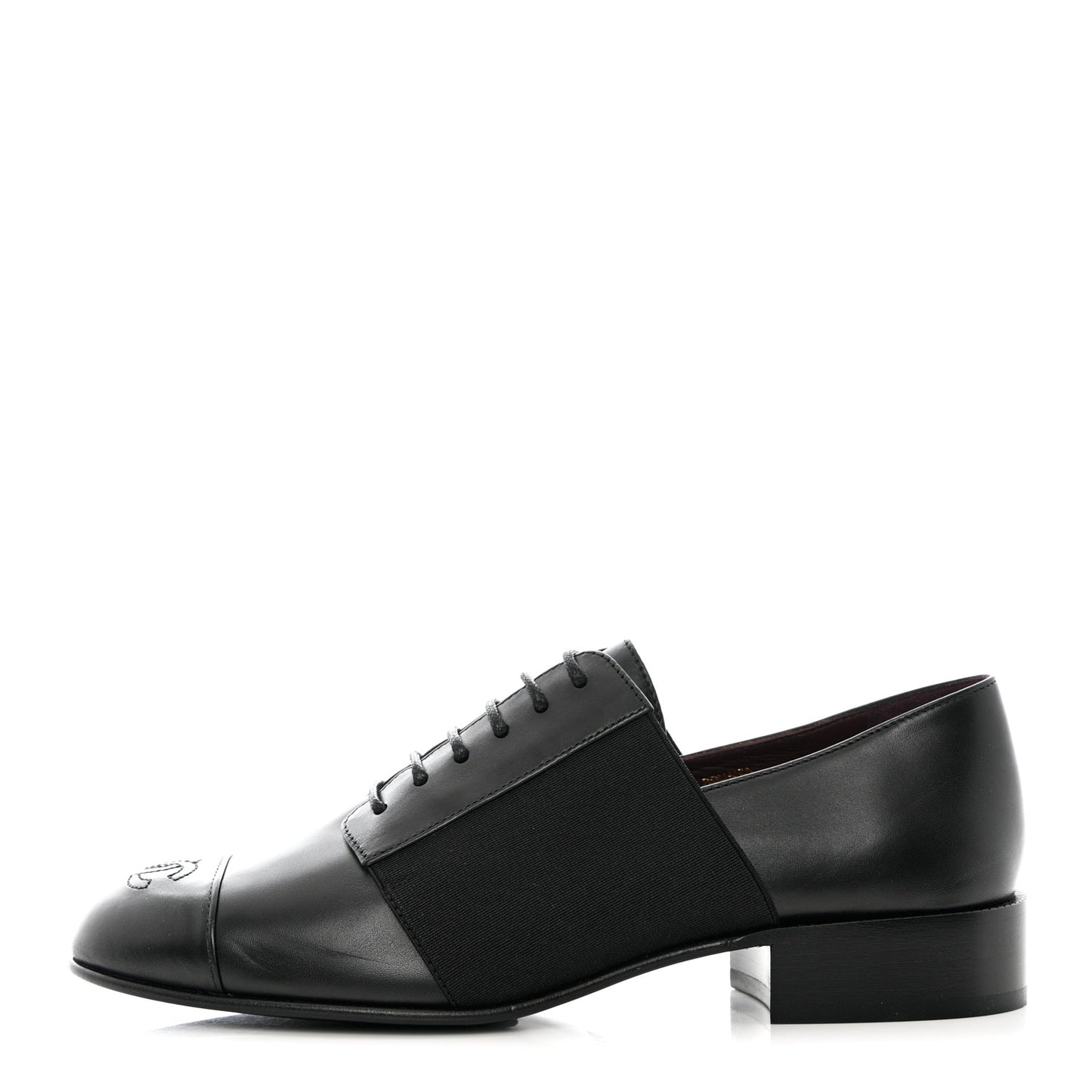 Calfskin Elastic Lace Up Cap Toe CC Loafers 36 Black