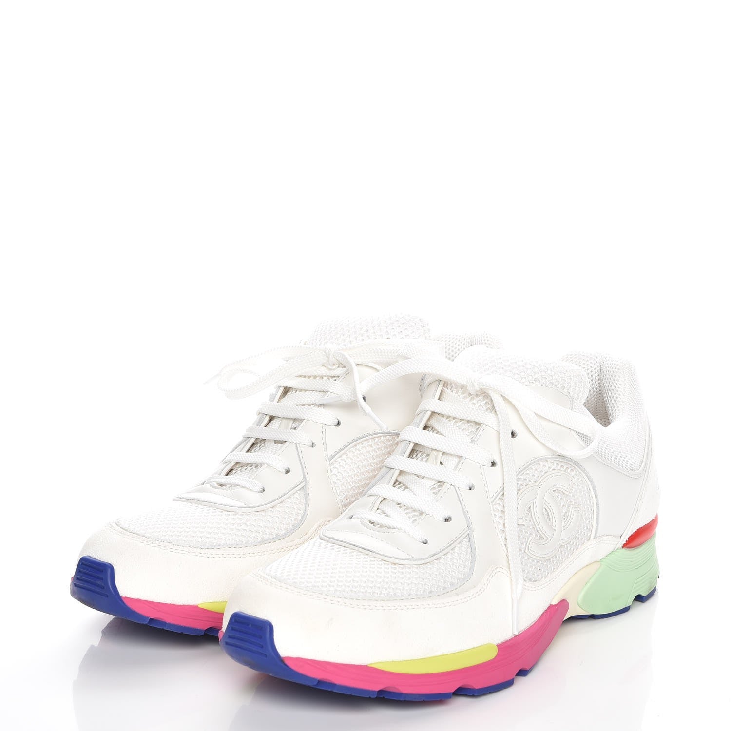 Chanel Suede Calfskin CC Sneakers 40.5 White Pink Green 3 of 9