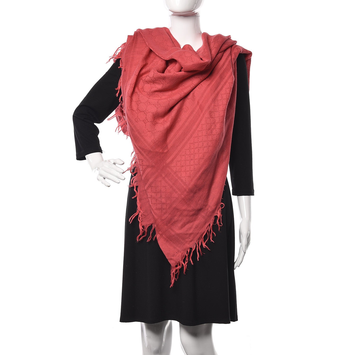 Gucci Wool Silk Fringe Monogram Diamanti Shawl Scarf Red 2 of 5