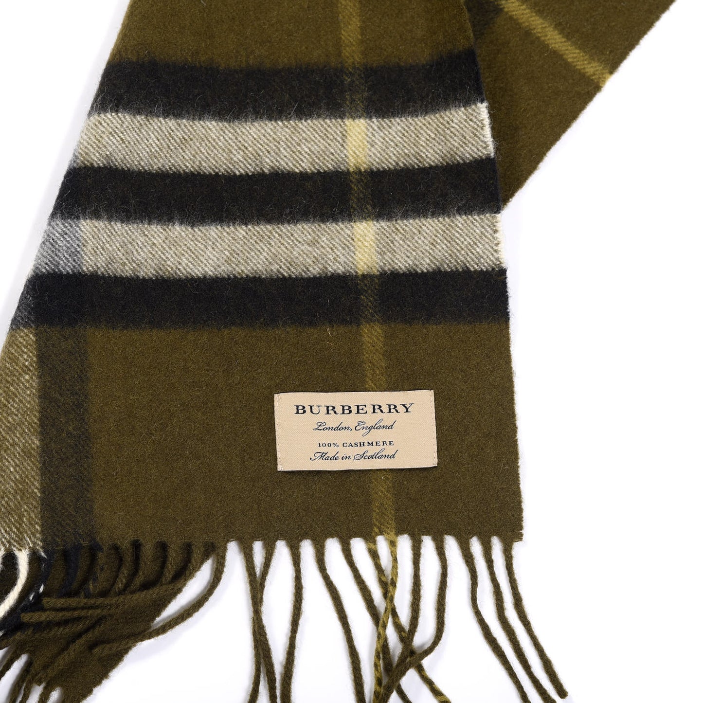 Cashmere Giant Check Fringe Scarf Olive Green