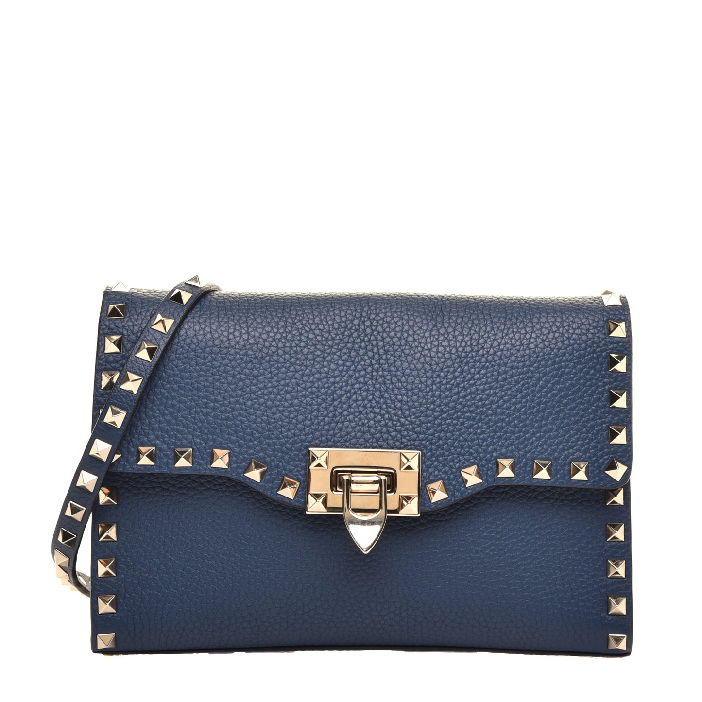 Pebbled Calfskin Medium Rockstud Flip Lock Crossbody Bag Peacock